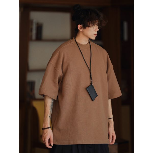 Men's Waffle Texture Loose Fit Solid Color Round Neck Short Sleeve T-shirt, Casual Versatile Couple Shirt, Y2K Inspired Style