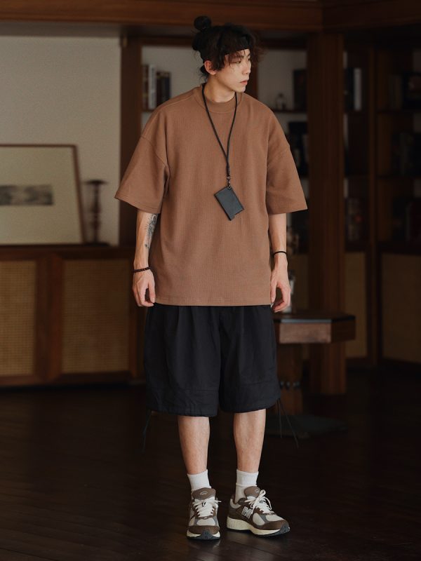 Men's Waffle Texture Loose Fit Solid Color Round Neck Short Sleeve T-shirt, Casual Versatile Couple Shirt, Y2K Inspired Style