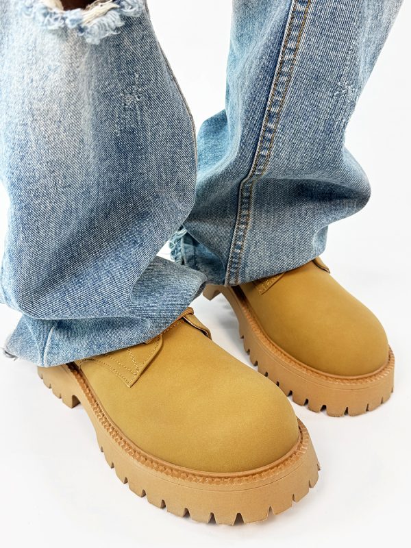 Men's Yellow Derby Shoes, Height-Increasing, Round-Toe, Oversized, British Retro Mickey Thick-Soled Leather for Trendy Commuting Style