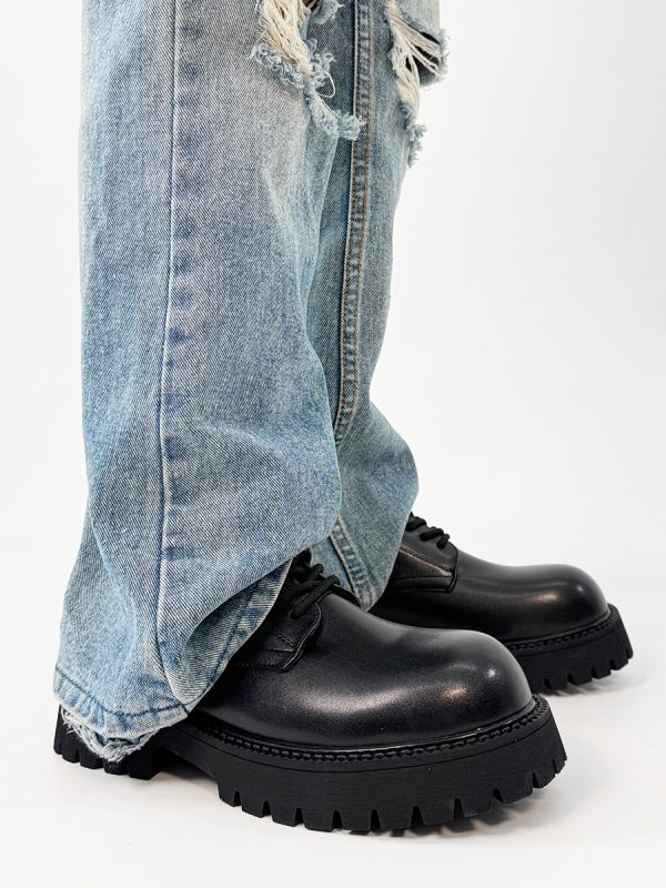 Men's Yellow Derby Shoes, Height-Increasing, Round-Toe, Oversized, British Retro Mickey Thick-Soled Leather for Trendy Commuting Style