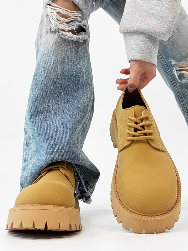 Men's Yellow Derby Shoes, Height-Increasing, Round-Toe, Oversized, British Retro Mickey Thick-Soled Leather for Trendy Commuting Style