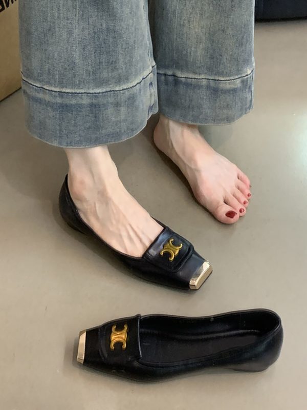 Metallic Square-Toe Sheepskin Mary Jane Shoes for Women - Elegant Flat Evening Footwear with Internal Height Increase