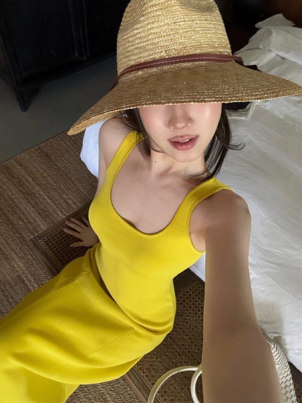 Mid-Length Color-Blocking U-Neck Sleeveless Dress Two-Piece Set - Women's Temperament Style