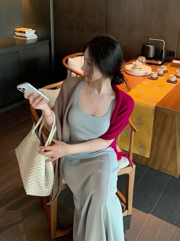 Mid-Length Color-Blocking U-Neck Sleeveless Dress Two-Piece Set - Women's Temperament Style