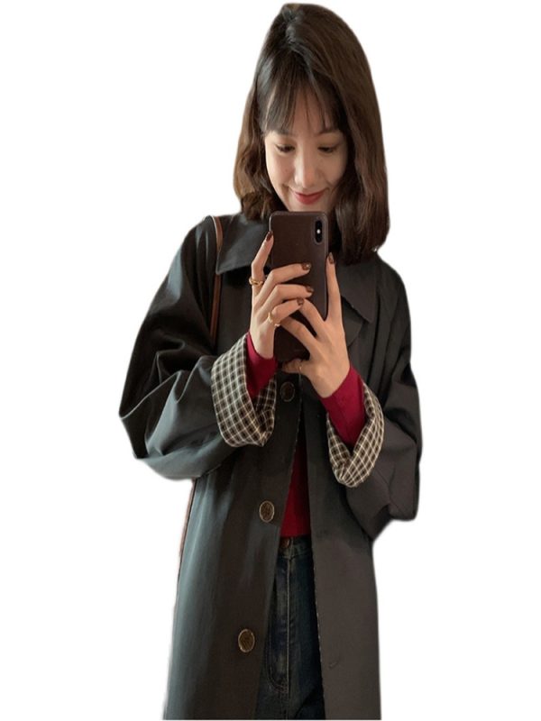 Mid-Length Khaki Plaid Trench Coat for Women - Chic Spring Autumn Outerwear for Petite Sizes - 2025 Trendy Style