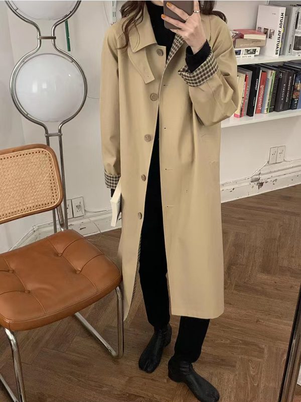 Mid-Length Khaki Plaid Trench Coat for Women - Chic Spring Autumn Outerwear for Petite Sizes - 2025 Trendy Style
