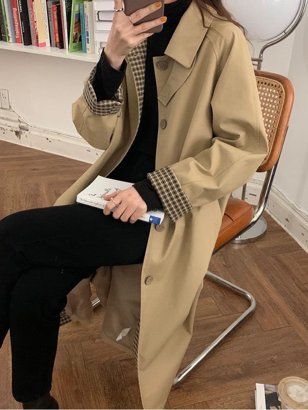 Mid-Length Khaki Plaid Trench Coat for Women - Chic Spring Autumn Outerwear for Petite Sizes - 2025 Trendy Style