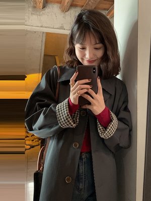 Mid-Length Khaki Plaid Trench Coat for Women - Chic Spring Autumn Outerwear for Petite Sizes - 2025 Trendy Style