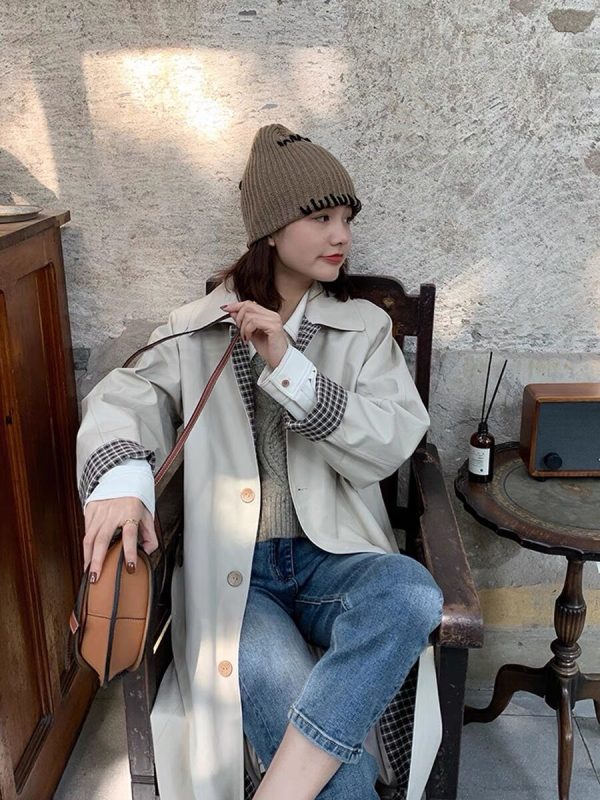Mid-Length Khaki Plaid Trench Coat for Women - Chic Spring Autumn Outerwear for Petite Sizes - 2025 Trendy Style