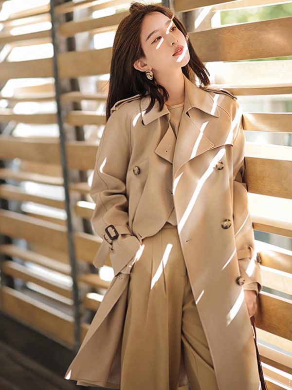 Mid-Length Khaki Trench Coat for Women, Petite, Korean Chic Casual Vintage Overcoat with Waist Definition, 2025 New Style