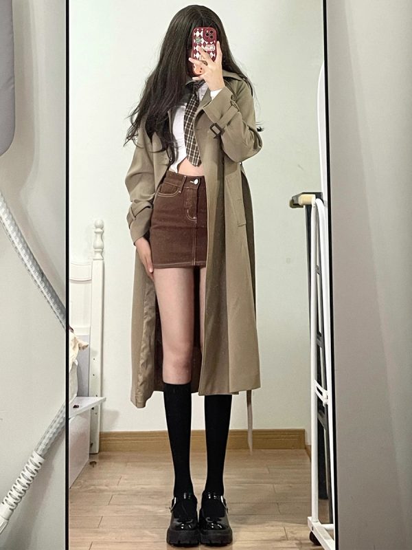 Mid-Length Khaki Trench Coat for Women, Petite, Korean Chic Casual Vintage Overcoat with Waist Definition, 2025 New Style