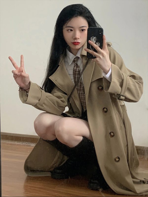Mid-Length Khaki Trench Coat for Women, Petite, Korean Chic Casual Vintage Overcoat with Waist Definition, 2025 New Style