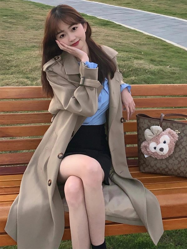 Mid-Length Khaki Trench Coat for Women, Petite, Korean Chic Casual Vintage Overcoat with Waist Definition, 2025 New Style