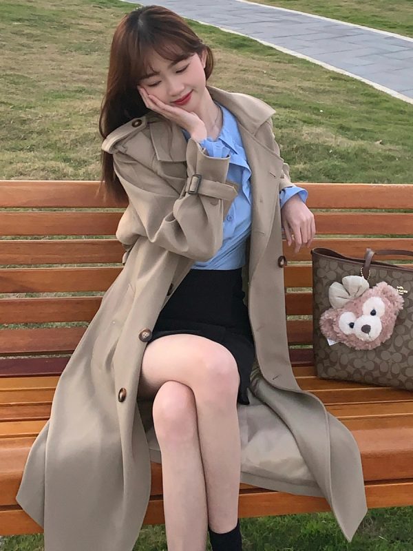 Mid-Length Khaki Trench Coat for Women, Petite, Korean Chic Casual Vintage Overcoat with Waist Definition, 2025 New Style