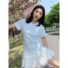 Milk Blue Slim Fit Shoulder-Strap T-Shirt for Women, Casual Summer Top, Short Sleeves, College Style, Trendy Versatile Fashion