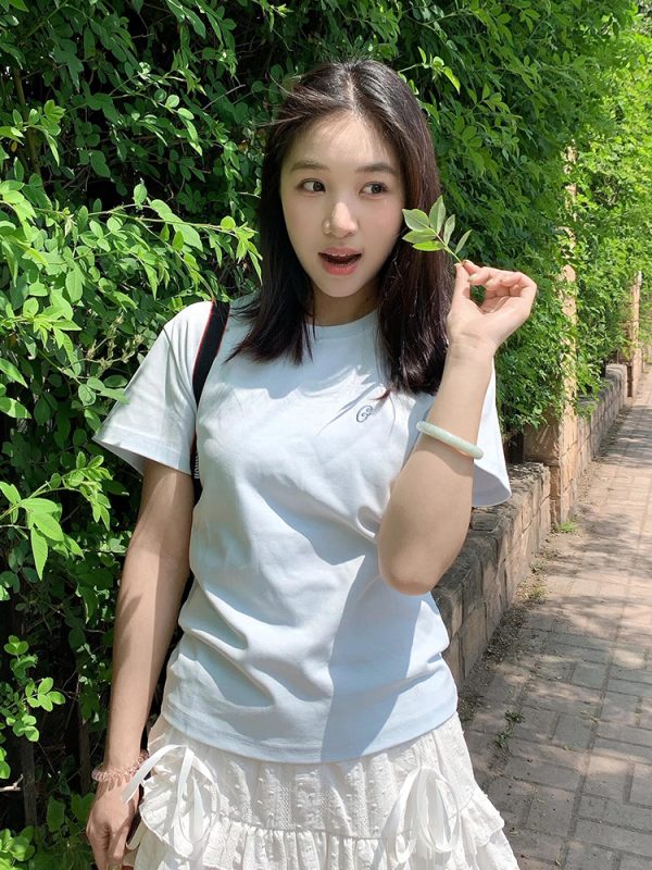 Milk Blue Slim Fit Shoulder-Strap T-Shirt for Women, Casual Summer Top, Short Sleeves, College Style, Trendy Versatile Fashion