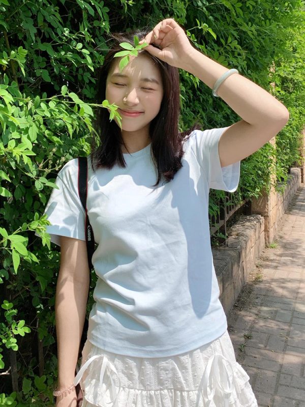 Milk Blue Slim Fit Shoulder-Strap T-Shirt for Women, Casual Summer Top, Short Sleeves, College Style, Trendy Versatile Fashion