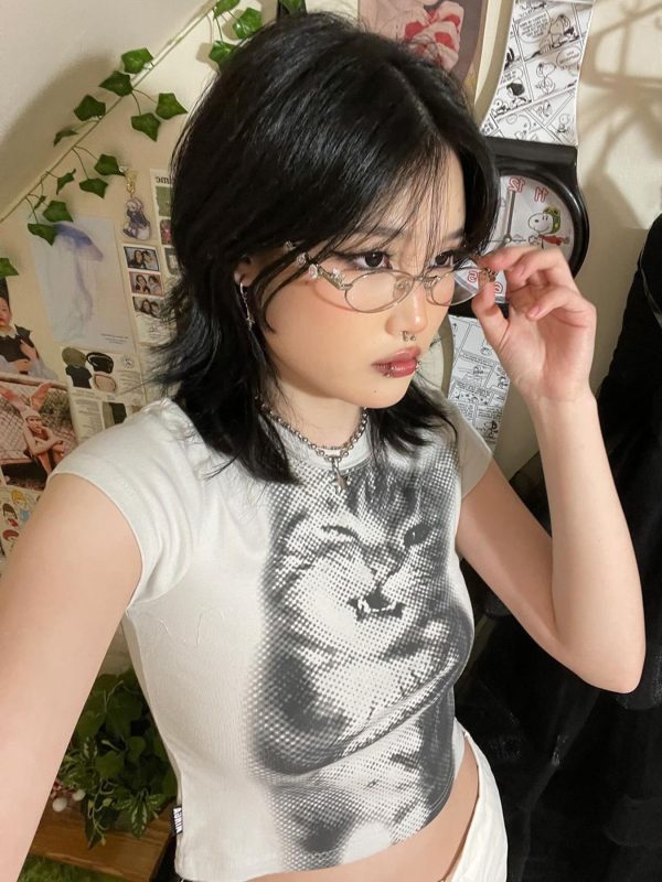Milk Fierce Cat Graphic T-Shirt for Women, Cute Millennial Style, High-Waisted Summer Short Sleeve, Trendy Y2K Fashion