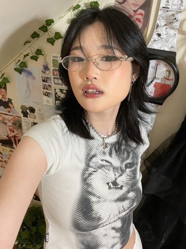 Milk Fierce Cat Graphic T-Shirt for Women, Cute Millennial Style, High-Waisted Summer Short Sleeve, Trendy Y2K Fashion