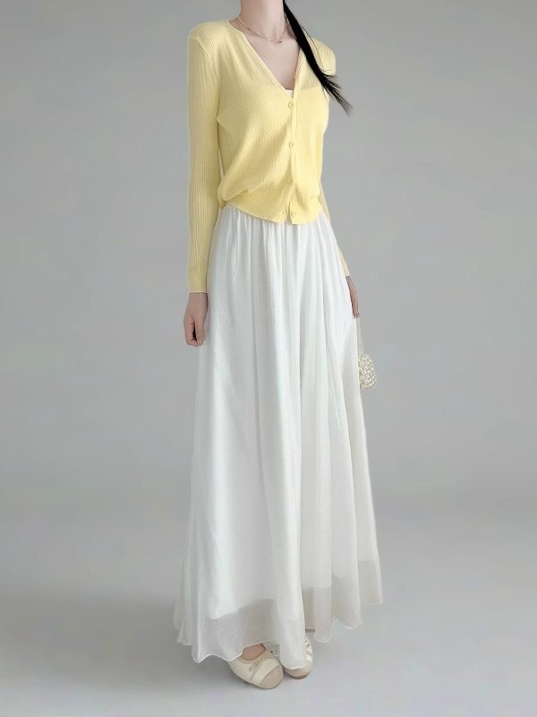 Milk White High-Waisted Swing Skirt, Cotton-Linen Blend, Wrinkle-Resistant, Floor-Length Drape for Women - 2025 Spring/Summer Fashion