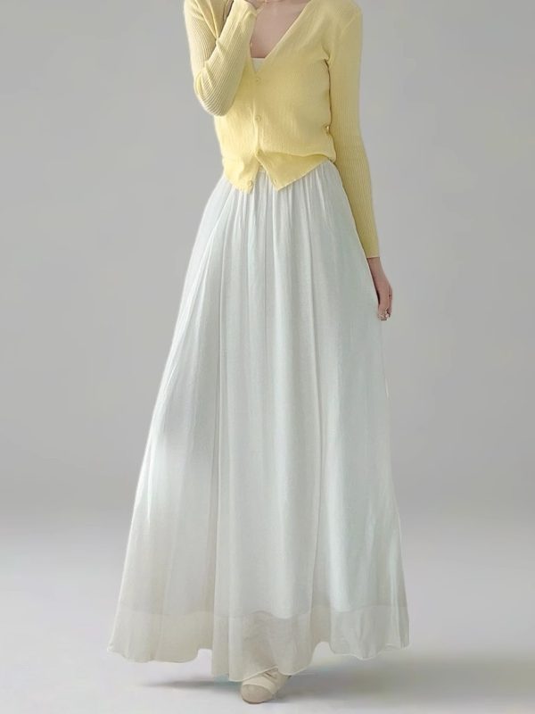Milk White High-Waisted Swing Skirt, Cotton-Linen Blend, Wrinkle-Resistant, Floor-Length Drape for Women - 2025 Spring/Summer Fashion