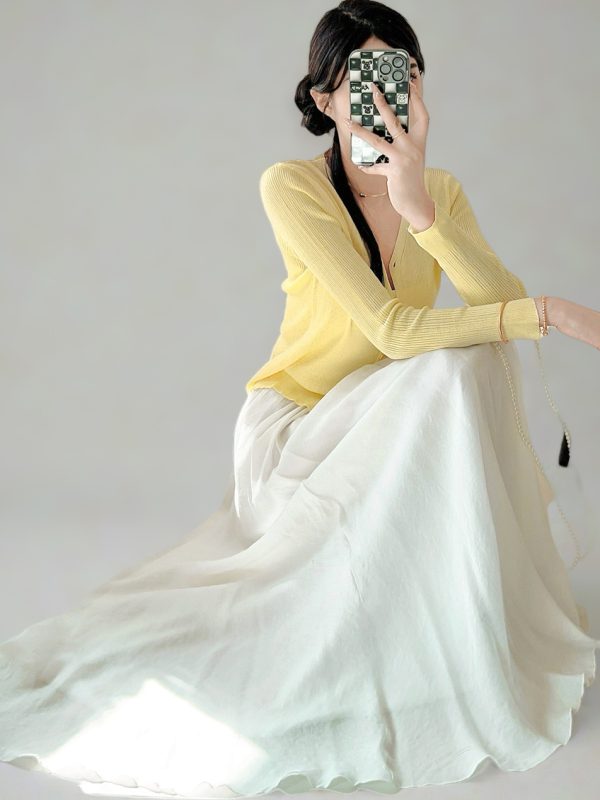 Milk White High-Waisted Swing Skirt, Cotton-Linen Blend, Wrinkle-Resistant, Floor-Length Drape for Women - 2025 Spring/Summer Fashion