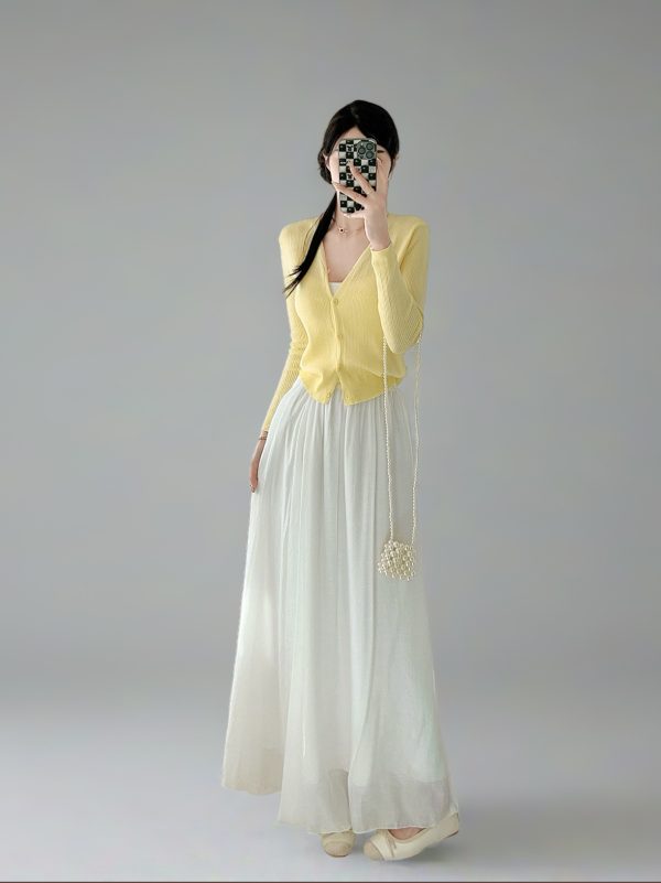 Milk White High-Waisted Swing Skirt, Cotton-Linen Blend, Wrinkle-Resistant, Floor-Length Drape for Women - 2025 Spring/Summer Fashion