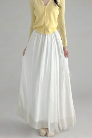 Milk White High-Waisted Swing Skirt, Cotton-Linen Blend, Wrinkle-Resistant, Floor-Length Drape for Women - 2025 Spring/Summer Fashion