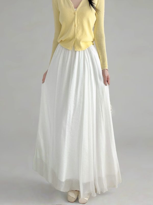 Milk White High-Waisted Swing Skirt, Cotton-Linen Blend, Wrinkle-Resistant, Floor-Length Drape for Women - 2025 Spring/Summer Fashion