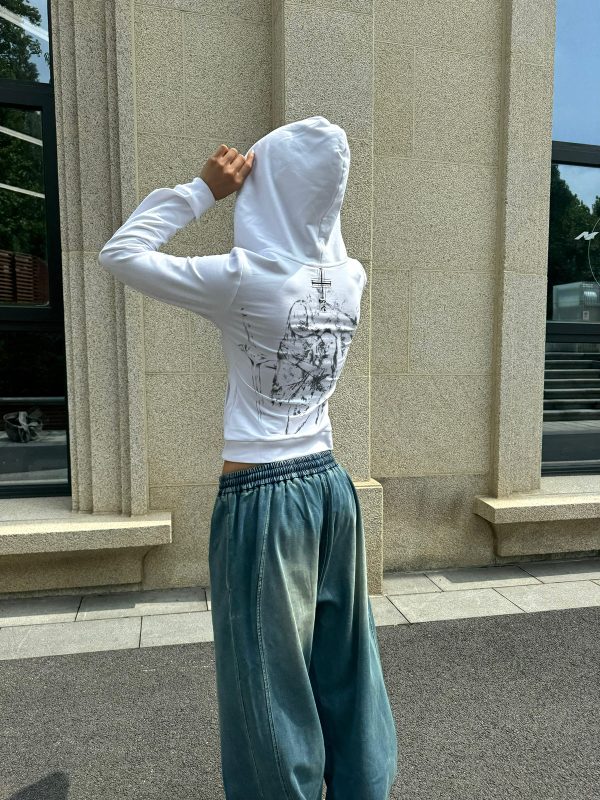 Millennium Street Music Score Embroidery Portrait Gradient Print Waist-Defining Slim Fit Hoodie for Trendy Streetwear Style