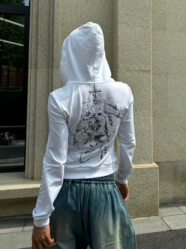 Millennium Street Music Score Embroidery Portrait Gradient Print Waist-Defining Slim Fit Hoodie for Trendy Streetwear Style