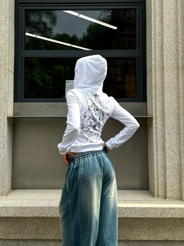 Millennium Street Music Score Embroidery Portrait Gradient Print Waist-Defining Slim Fit Hoodie for Trendy Streetwear Style