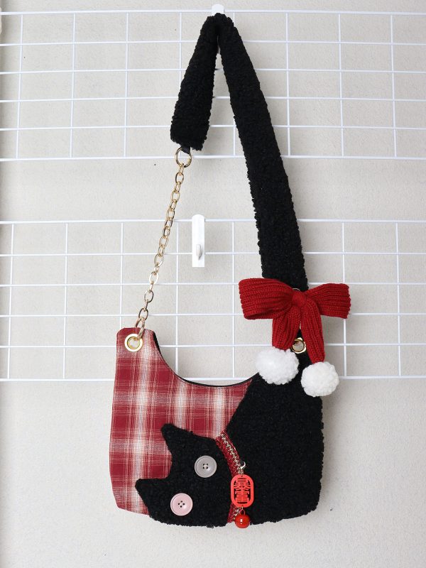 Mini Red Plaid Cat Bag for Women - Cute Underarm Crossbody Bag for New Year Good Luck & Destiny - Y2K Style