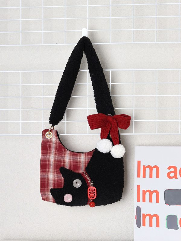 Mini Red Plaid Cat Bag for Women - Cute Underarm Crossbody Bag for New Year Good Luck & Destiny - Y2K Style