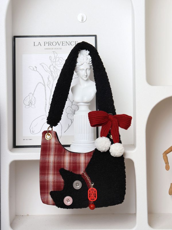 Mini Red Plaid Cat Bag for Women - Cute Underarm Crossbody Bag for New Year Good Luck & Destiny - Y2K Style