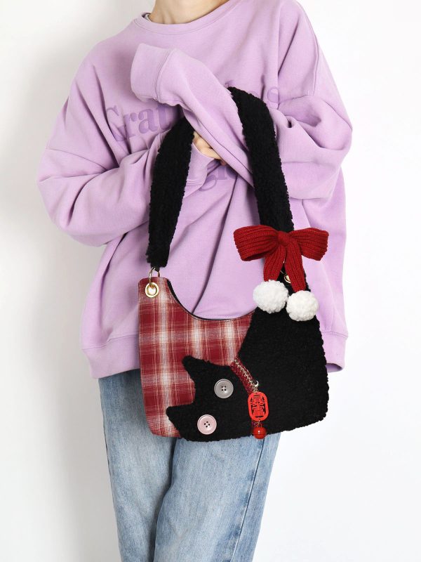 Mini Red Plaid Cat Bag for Women - Cute Underarm Crossbody Bag for New Year Good Luck & Destiny - Y2K Style