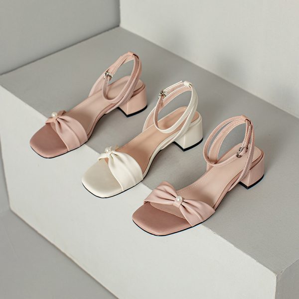 Minimalist Fairy Style Genuine Leather Open-Toe Mid-Heel Chunky Strap Sandals for Women - Summer 90s Inspired