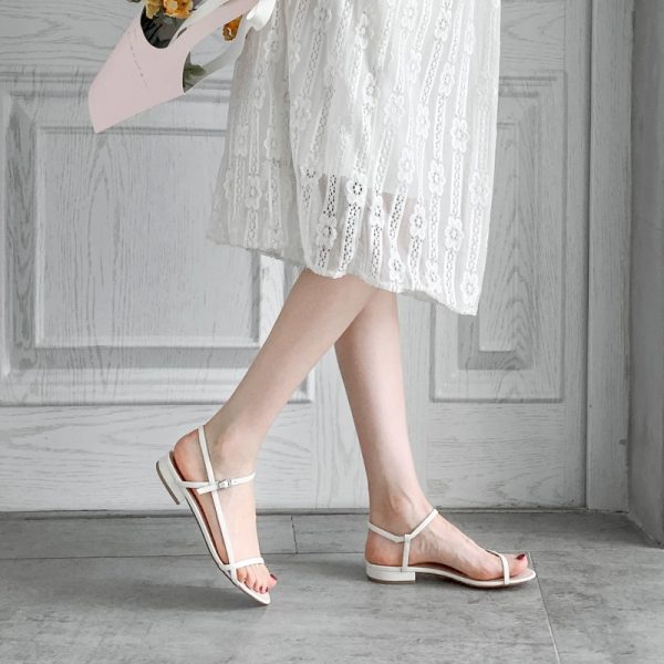 Minimalist Forest Style Genuine Leather Flat Sandals for College, Gentle Fairy Design Perfect with Skirts