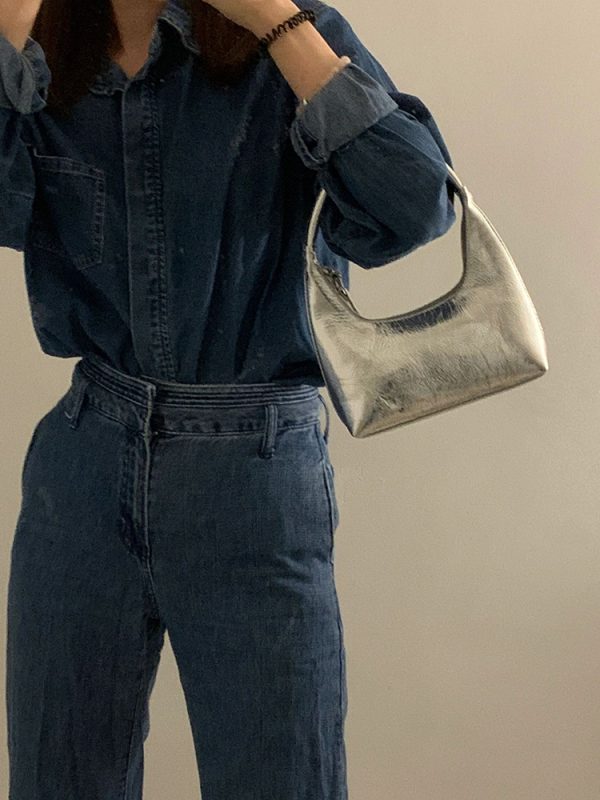 Minimalist French Crescent Shaped Underarm Bag for Women - Unique Silver Shoulder Handbag for Summer Style