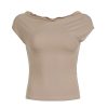Minimalist French Solid Color Off-Shoulder Drop Shoulder T-Shirt for Women - High Elasticity One-Shoulder Pleated Waist Fashion Top