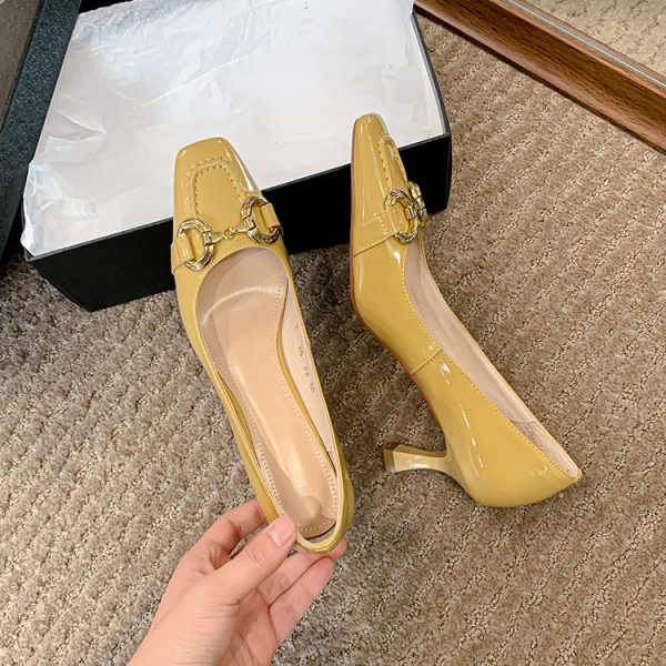 Minimalist Metal Buckle Square-Toe Kitten Heel High Heels in Sheepskin - Comfortable Italian Style Flats