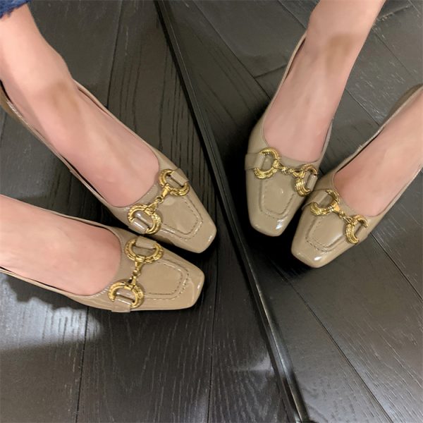 Minimalist Metal Buckle Square-Toe Kitten Heel High Heels in Sheepskin - Comfortable Italian Style Flats