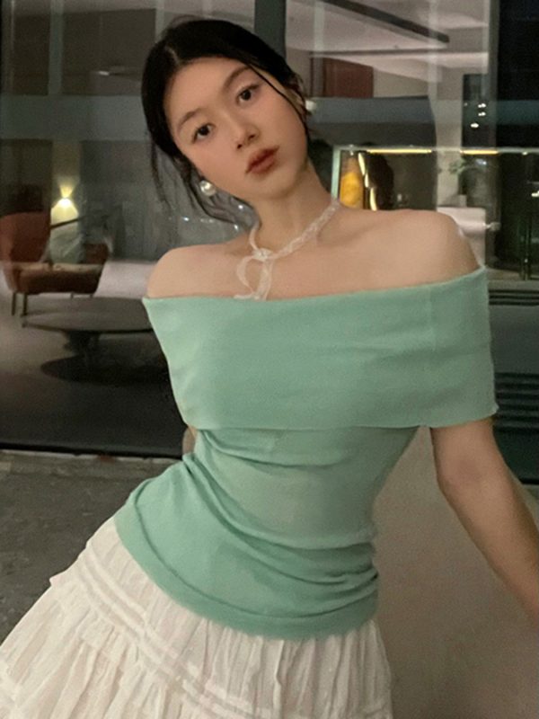 Minimalist One-Shoulder Top for Women, Slimming Pleated Short Sleeve Mesh T-Shirt in Fresh Solid Color, Y2K Style
