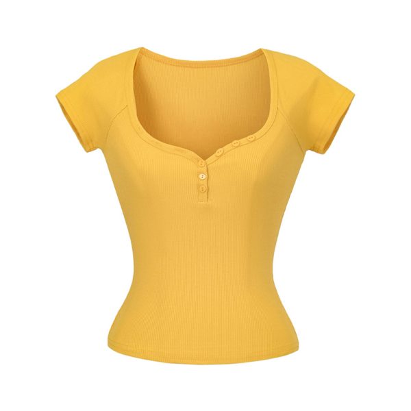 Minimalist Summer Slim-Fit Short Sleeve Henley T-Shirt for Women - Lightweight Fabric, Flattering Design, 90s Inspired