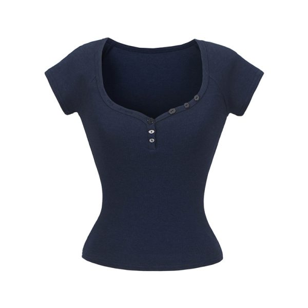 Minimalist Summer Slim-Fit Short Sleeve Henley T-Shirt for Women - Lightweight Fabric, Flattering Design, 90s Inspired