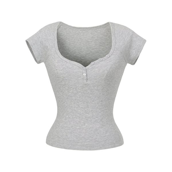 Minimalist Summer Slim-Fit Short Sleeve Henley T-Shirt for Women - Lightweight Fabric, Flattering Design, 90s Inspired