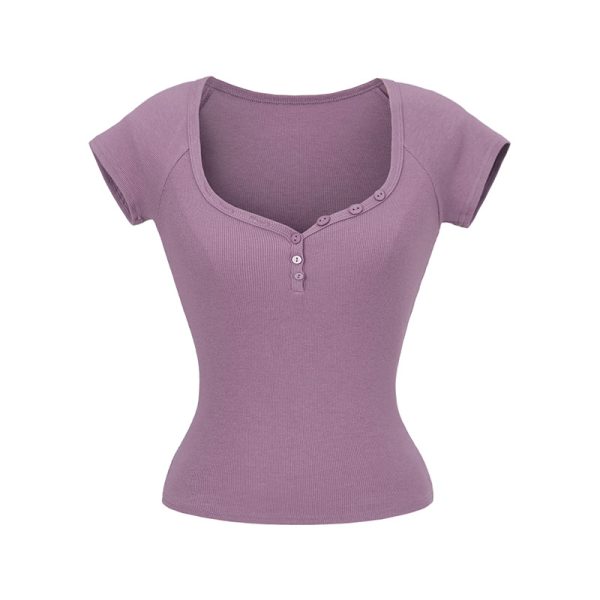 Minimalist Summer Slim-Fit Short Sleeve Henley T-Shirt for Women - Lightweight Fabric, Flattering Design, 90s Inspired