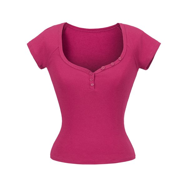 Minimalist Summer Slim-Fit Short Sleeve Henley T-Shirt for Women - Lightweight Fabric, Flattering Design, 90s Inspired