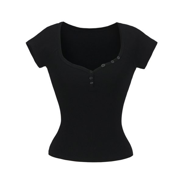 Minimalist Summer Slim-Fit Short Sleeve Henley T-Shirt for Women - Lightweight Fabric, Flattering Design, 90s Inspired