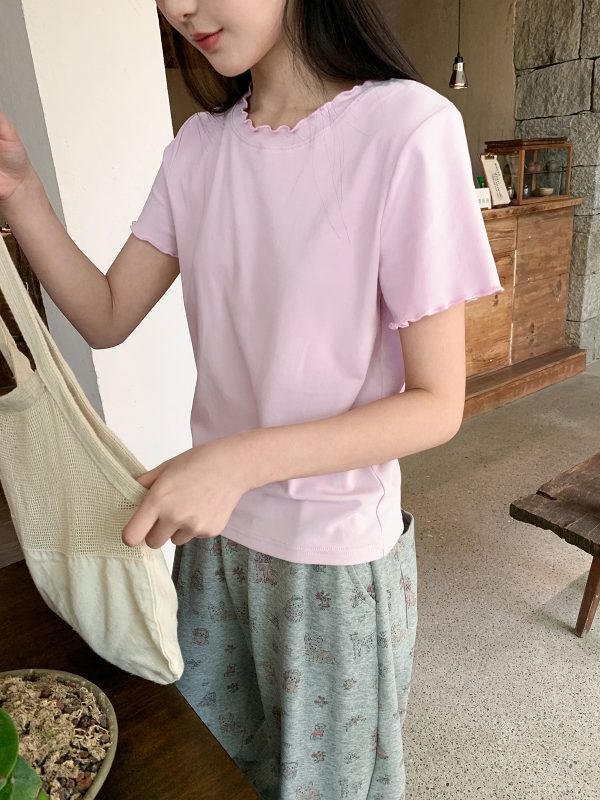 Minimalist Wave Edge Short Sleeve T-shirt for Women - Summer 2025 Solid Color Loose Fit Unique Top
